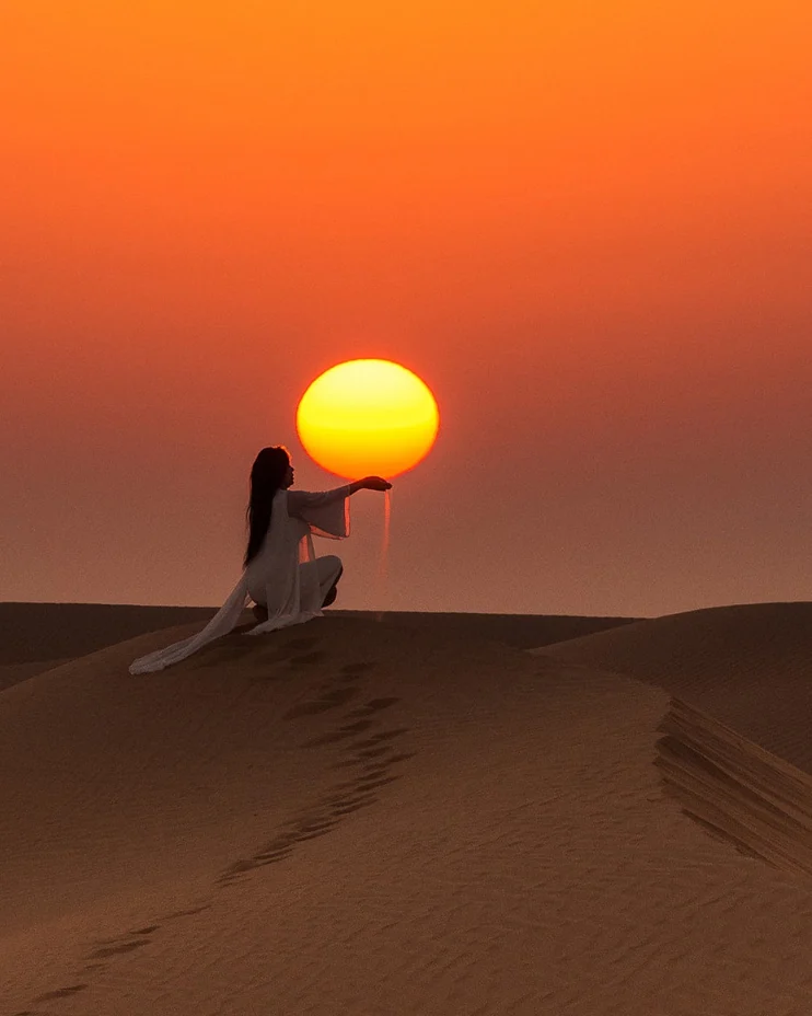 Wide panoramic view of Erg Chebbi sand dunes, Merzouga, Morocco