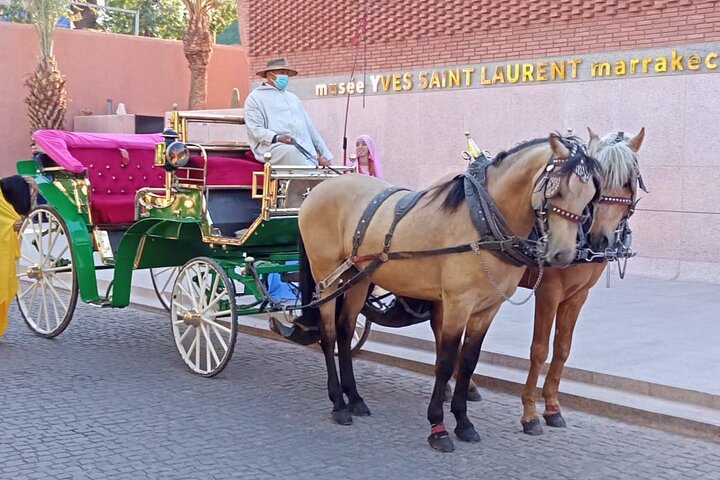 Horse-drawn carriage gliding through Marrakech streets toward the Majorelle Gardens