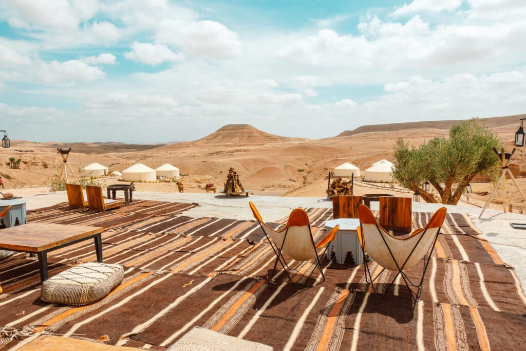 Luxury desert camp night celebration in the Agafay Desert