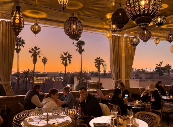 Cocktails and rooftop dinner at Dar Dar in Marrakech with Atlas Mountain views