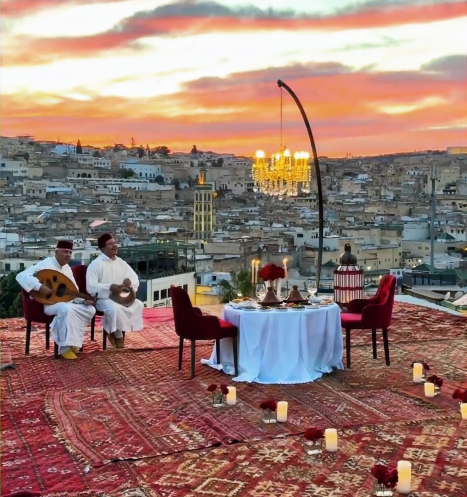 Candlelit anniversary dinner for two on the rooftop of Palais Tazi in Marrakech