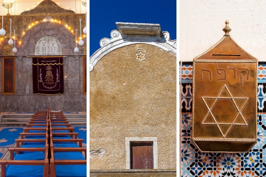 A synagogue interior, a whitewashed wall under blue sky and a Star of David plaque