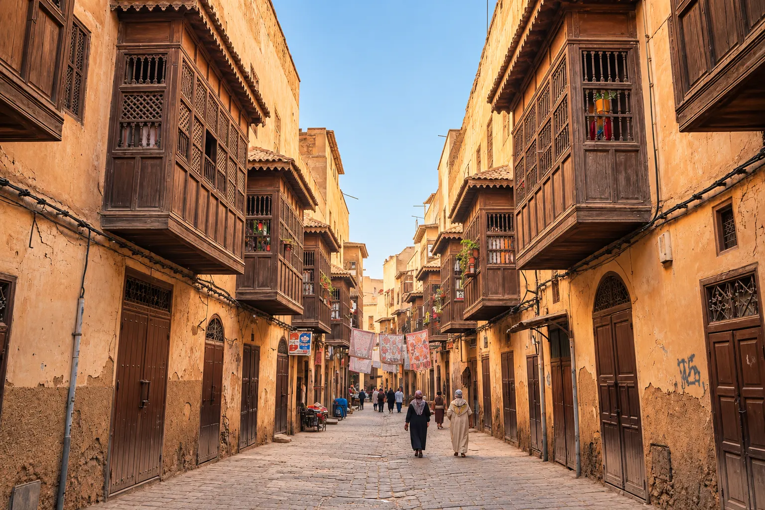 A sunlit lane in an old Moroccan medina, lined with carved wooden balconies