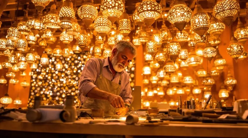 A craftsman at work beneath hundreds of handmade copper lanterns