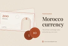Moroccan dirham banknote and coins, illustrating the currency of Morocco