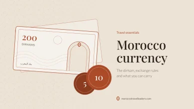 Moroccan dirham banknote and coins, illustrating the currency of Morocco